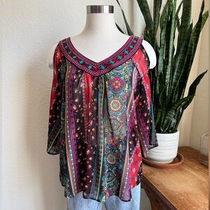 Vintage Boho Cold Shoulder Top XL Paisley Festival Sheer‎